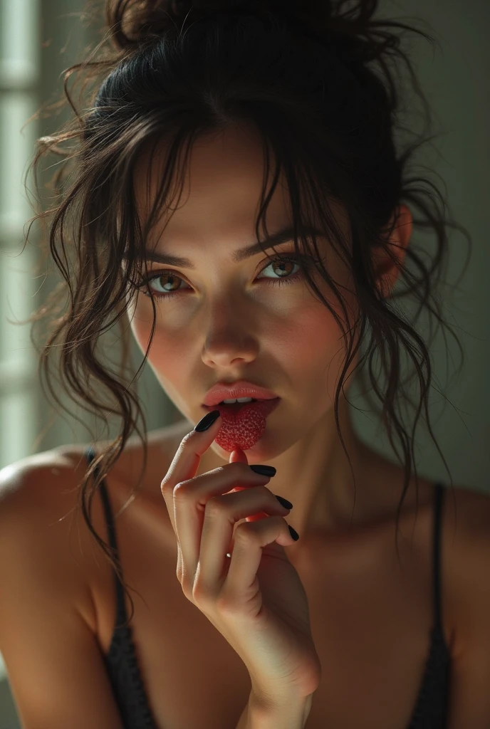 A Young female, white & glow skin, long open-wavy off-brown hair, Wearing loose modest, lying on front & Licking lollipop with lips, Lillipop, dry red lips, naughty lips, Sultry Glance, athletic body type, perfect simple breast, with a naughty smile, light makeup, realistic picture, Lo-fi style, Lo-fi vibes, aesthetic, Ultra high quality textures,