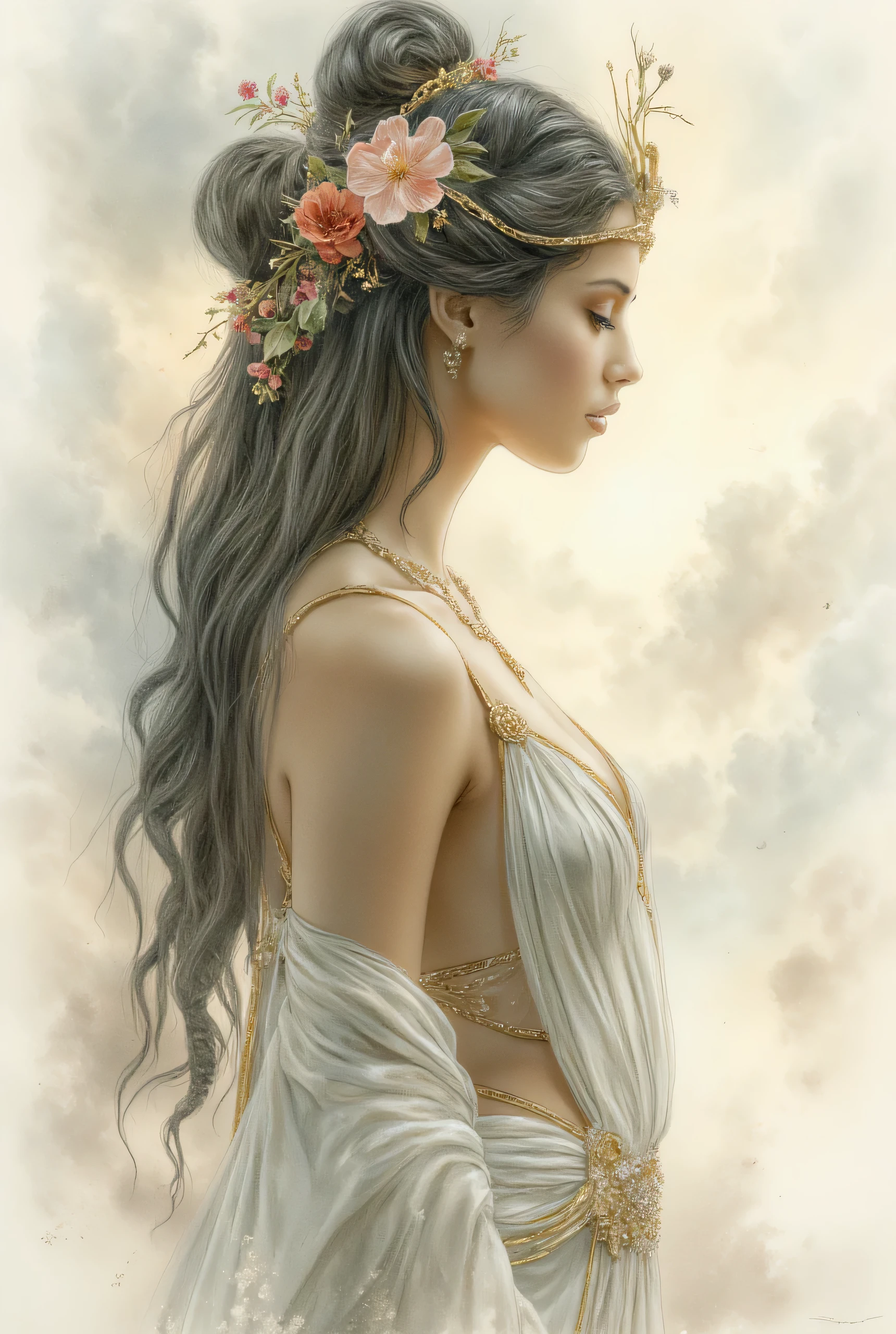A breathtaking double exposure artwork of an ethereal woman resembling a Greek goddess. She has long, intricately braided hair, styled in an elegant updo adorned with delicate Greek-native flowers such as wild anemones, olive branches, and bougainvillea. Her serene yet powerful expression exudes divine grace. She wears a flowing, elegant Greek goddess dress with a deep V-neck plunge, draped fabric, and golden embellishments, evoking a regal and mythical presence. The fabric cascades gracefully, embodying ancient Greek elegance and sophistication.