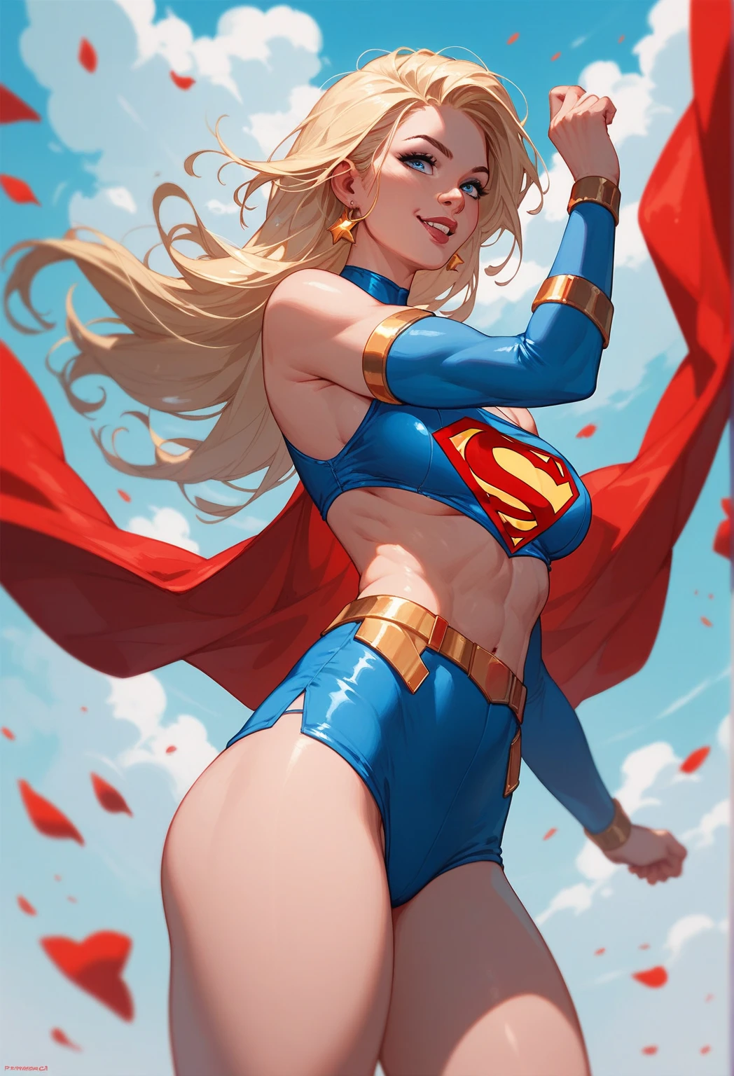 score_9, score_8_up, score_7_up, source_cartoon, BREAK 1girl, solo, Supergirl \(DC Animated Universe\), (long blonde hair:1.2), (black hairband:1.2), (white crop top, short sleeves:1.2), (short red cape:1.2), (short stretchy skirt, tight, blue:1.3), (white gloves:1.2), (red boots:1.2), looking at viewer, parted lips, mature woman, hot, flying over Metropolis, floating, (masturbating, fingering:1.3).