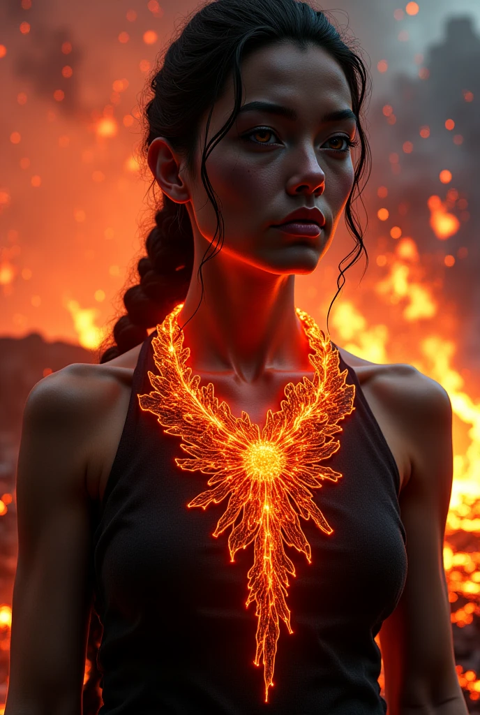 1girl, illuminating molten lava inside chest sternum, (glowing chest:1.2), cleavage, underboob, full breasts, jagged rock, dormant volcano, (masterpiece, best quality, extremely detailed, hyperrealistic, photorealistic), russian model, detailed face, high ponytail, black hair, black fur coat, t-shirt, warm hue, warm tone, visible steam, smile, (10yo, cute:1.3), (breasts:1.2),
