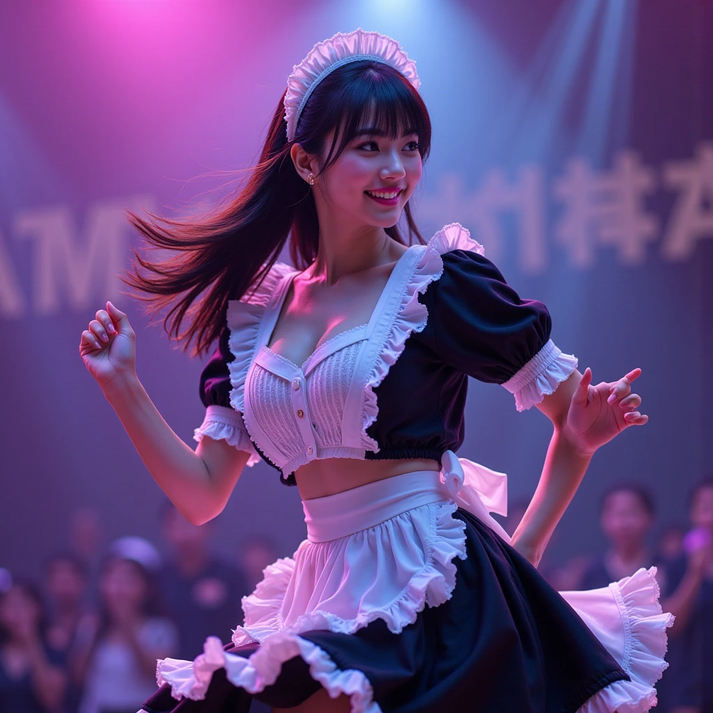 ((masterpiece、highest quality))、shape、Ultra-detailed 8K、realistic、sharp focus、very detailed、professional lighting、colorful details、detailed face、detailed expression、excited look、A young and beautiful Japanese woman stands in front of an audience、18-year-old、shine、intricate details、((correct anatomy 1.5))、((please open your mouth))、((sweating))、((Tight maid costume play:1.5)、Part of an idol group、(Dancing at concerts:1.5)、Hair is moving、looking at camera、Spotlight、tanakahitomi