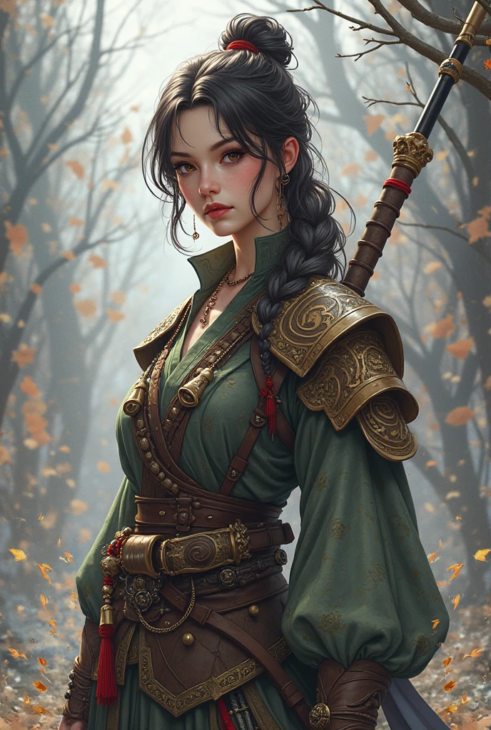 A chestnut-haired female warrior dressed as Sha Wujing,she is strong-willed,A beautiful woman,Smart