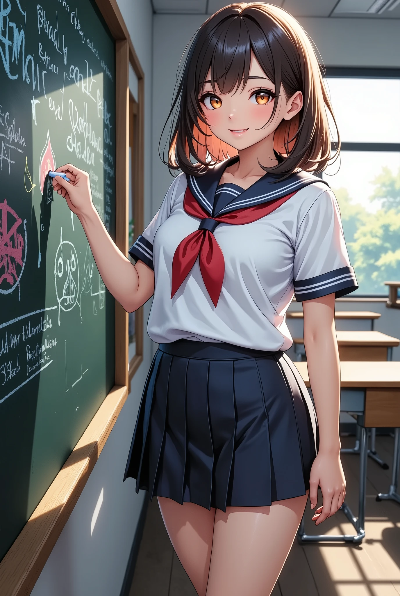 1 girl, Cute school blackboard に落書き, (可愛いセーラー服のgirls, skinの質感), School Classroom, blackboard , chalk art, Hand holding chalk, High Precision, 4K, 8k, Masterpiece with natural light, Extremely Detailed Depiction, realistic, Photographic, HDR, UHD, Studio Lighting, ultra-fine painting, sharp focus, physically-based rendering, extreme detail, professional, vivid colors, Bokeh, girls, upper body, standing, uniform, Emoji, smile, Line of sight, hair, skin, Decoration, background, Light, shadow, artwork, conceptual art