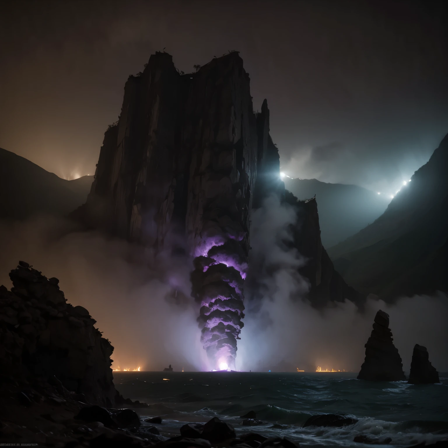 on an alien planet, the sea is purple,cinematic 4K, dramatic lighting, volumetric fog, glowing bioluminescent flora, ancient alien ruins, massive floating islands, dramatic storm clouds, cinematic camera angle, photorealistic, hyper detailed, wide angle lens, muted color palette, moody atmosphere
