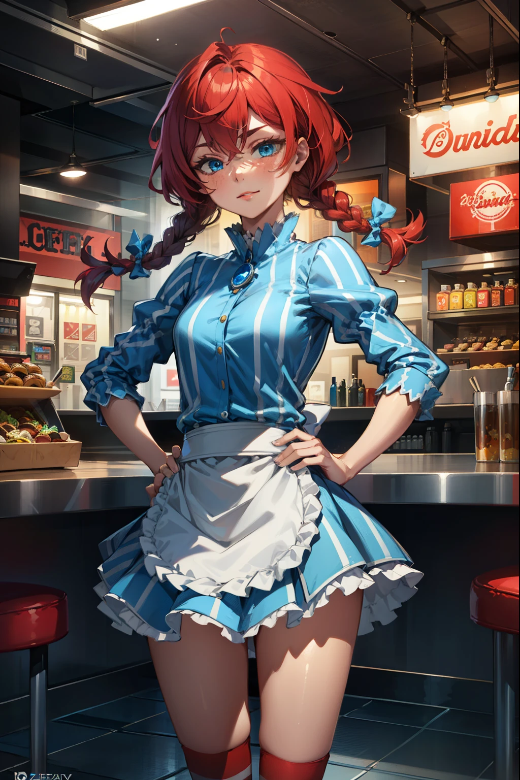 (extremely detailed CG unity 4k wallpaper),(best illustration),(best shadow),(absurdres), Fast food interior background)zzwendy, red hair, blue eyes, apron, brooch, hair bow, sidelocks, striped, ite figure, hips cocked, hand on hip, eyebrow raised, smug, Small bust size,