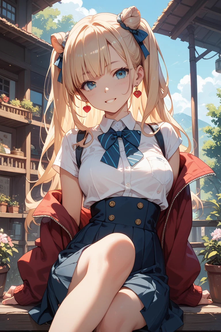 mini skirt、Blonde、Cheeky look、long hair、Large Breasts、Skirt to pants、Black underwear、beautiful girl、、Student uniform、Cleavage、Canine、Red cheeks、Sit on a bench、Looking up from below、Red eyes、(Sharp Eye)、Long eyelashes、Raised eyebrows、