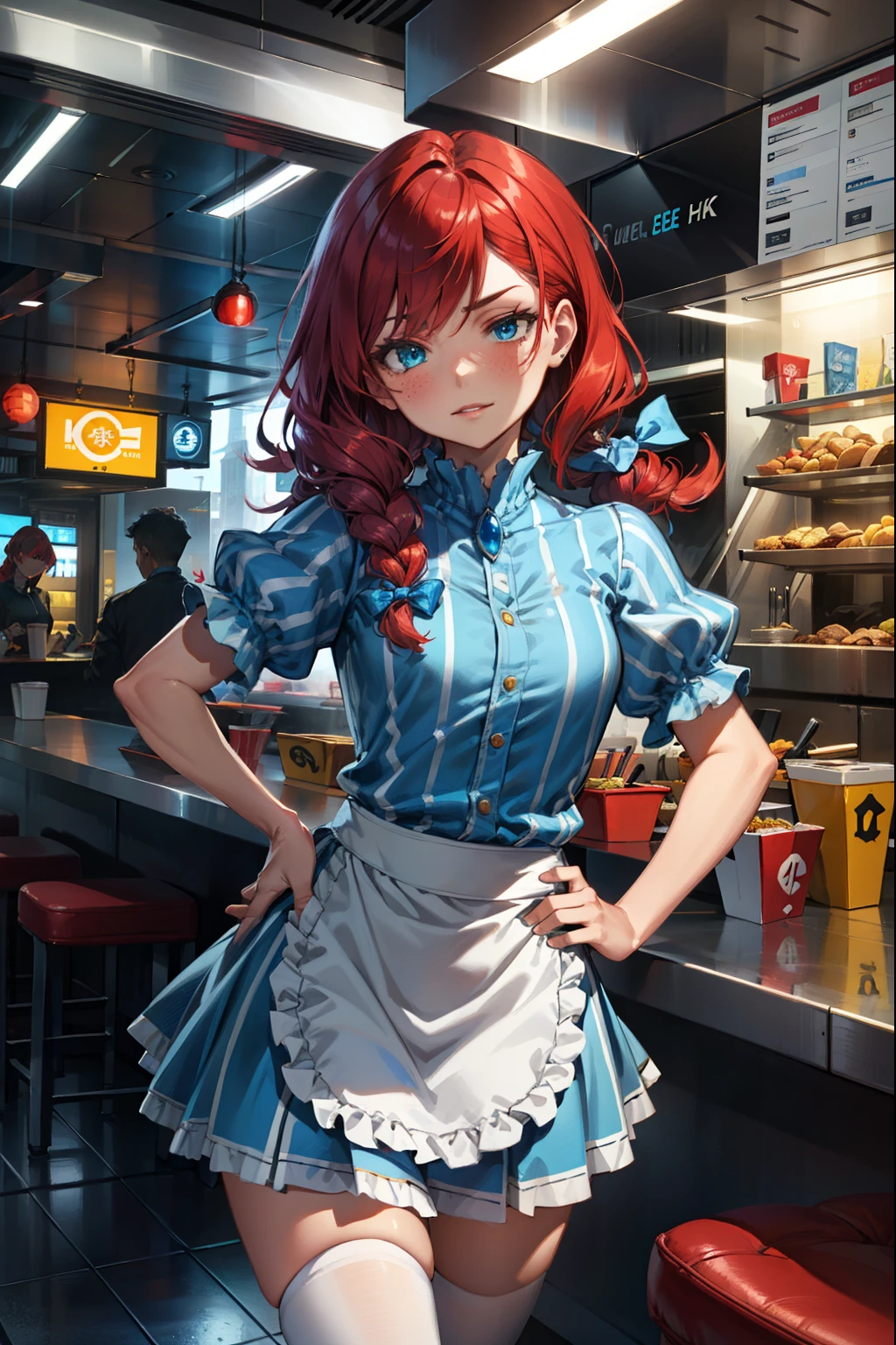 (extremely detailed CG unity 4k wallpaper),(best illustration),(best shadow),(absurdres), Fast food interior background)zzwendy, red hair, blue eyes, apron, brooch, hair bow, sidelocks, striped, ite figure, hips cocked, hand on hip, eyebrow raised, smug, Small bust size, 