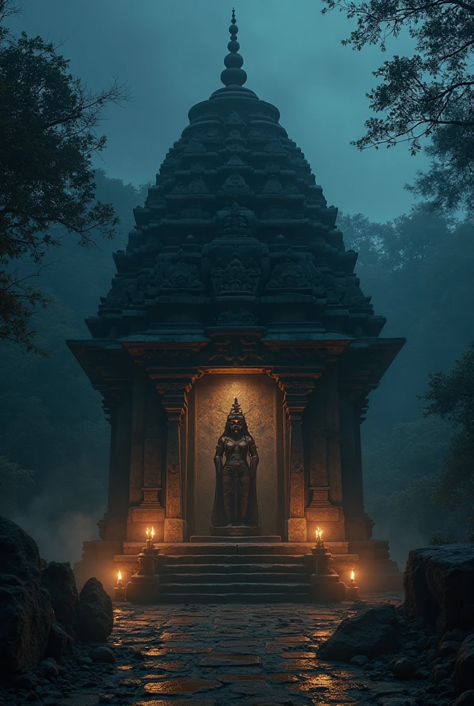 Majestic Temple in an indian mountain village with Hanuman, muscular monkey god meditating in front of temple,hindu mythlogy Cinematic lighting, Cinematic Movie Photograph, Arri Alexa, Extremely Detailed, smooth, very very clean, simple, 8K, octane render, maya render, unreal engine, trending on artstation, DSLR, excellent composition, moody, amidst caves in background, Dramatic lighting , misty,mysterious,flimy frame,ancientstyle.