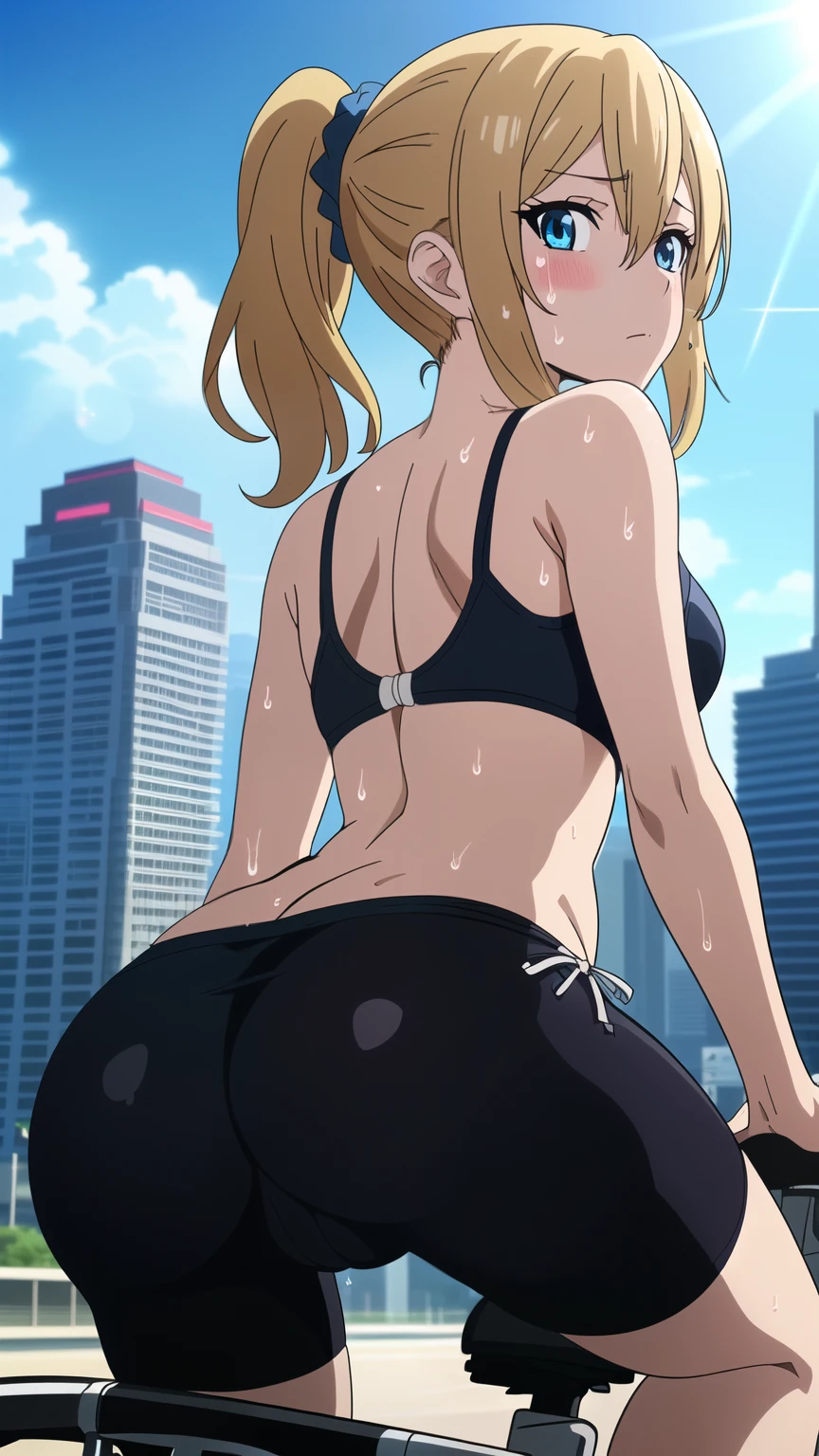 (masterpiece best quality, 8k:1.2), (anime coloring), high resolution, unity 8k wallpaper, (beautiful detailed eyes:1.2), extremely detailed face, perfect lighting, extremely detailed CG, beautiful eyes, perfect eyes, detailed eyes, distinctive big highlights, symmetrical eyes, hayasaka, blonde hair, blue eyes, hair scrunchie, side ponytail, scrunchie, hair ornaments, alone, hair between eyes, 1 girl, (medium breast), (beautiful face), (back), looking at the viewer, Incredibly absurd, Ultra-high resolution, RAW Photos, (Depth of Field:1.2), (swimsuit:1.2), Ultra-detailed eyes, (sensuous), Glowing Skin, blush, Sigh, ((Sweat)), Wet, (she is riding a bicycle, Ass close up), (saddle), Light of the sun, overlooking, (magnificent panorama view:1.3), Glitter effect,