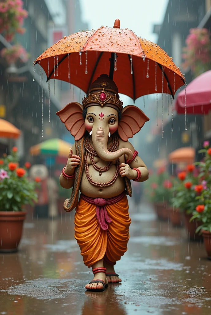 Create a vibrant, detailed digital artwork featuring an anthropomorphic representation of Lord Ganesha. The character should have the head of an elephant with large ears, a trunk, and tusks, and a human-like body dressed in traditional Indian attire. He should be wearing a yellow dhoti, a necklace made of red beads, bangles, and an ornate headpiece. The figure is walking with one foot forward, holding a colorful umbrella with sections in blue, pink, and orange, sheltering himself from the rain. The background should depict a rainy street scene with a blurred, bokeh effect, colorful reflections on the wet ground, and visible raindrops. Use bright, saturated colors to create a lively and cheerful feel. Add soft lighting to enhance the dreamy ambiance.