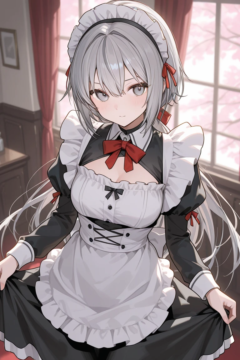 masterpiece,best quality,highres,ultra-detailed,aamurakumo,long hair,hair ribbon,<lora:murakumo:0.7>,indoors,(maid:1.2),dress,standing,v arms,Tsundere,poking,