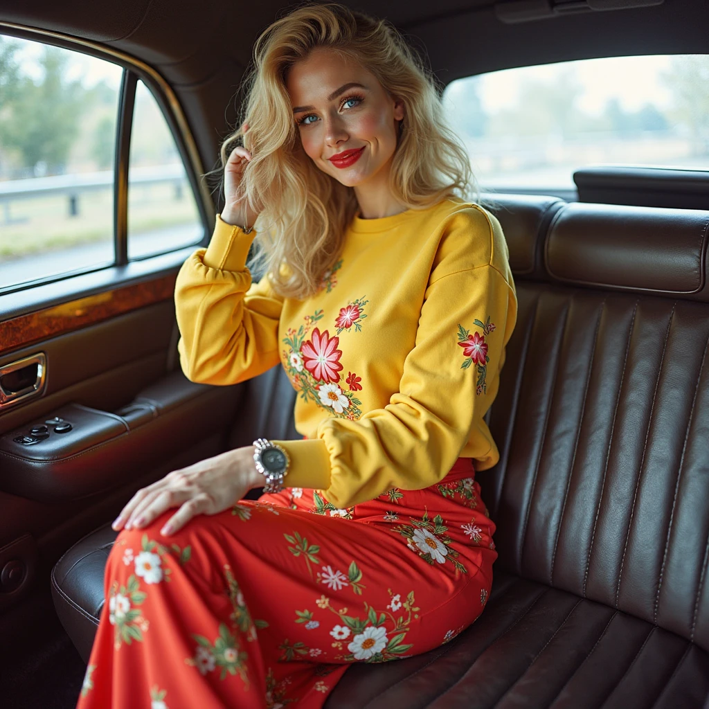 (Helena Lovista) photo of a stunning beautiful woman in rolls royce back seats, long messy windy blonde hair, green eyes, (magazine photo style:1.3), modelshoot style, (extremely detailed CG unity 8k wallpaper), blond woman sitting on a scooter in a colorful room, photoshoot, music video, still from a music video, photo shoot, with teal clothes, solo photoshoot, 4k fashion shoot, promo shoot, by Emma Andijewska, fashion shoot 8k, smooth in _ the background, photographed on colour film, promotional photoshoot, performing a music video, magazine photoshoot, High Detail