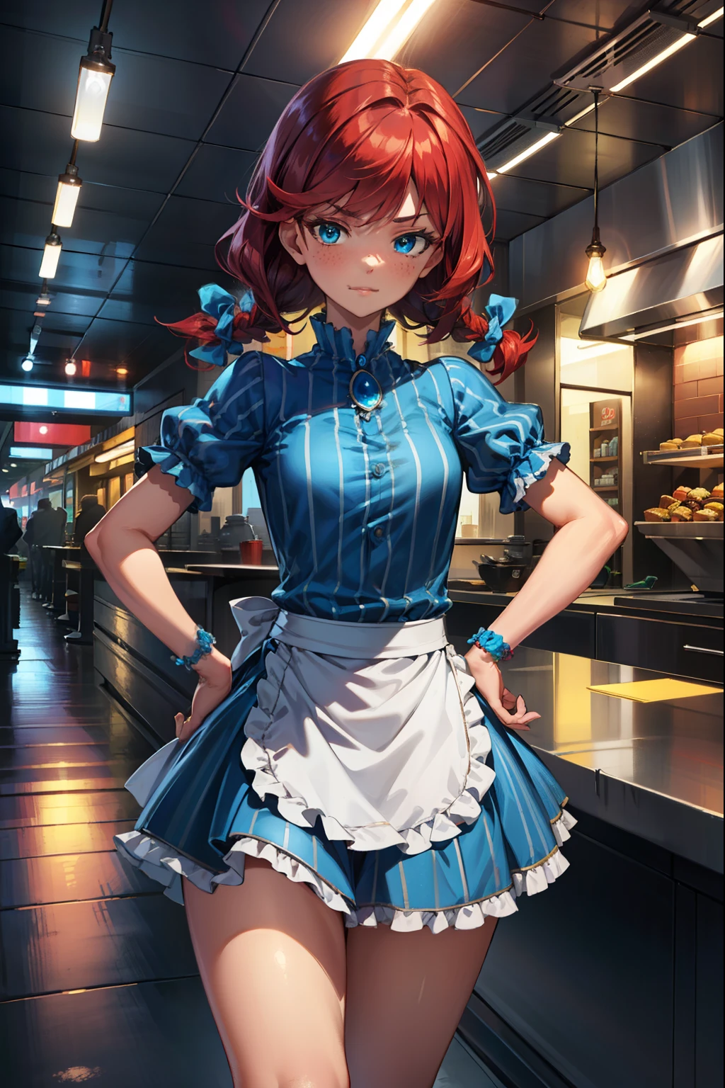(extremely detailed CG unity 4k wallpaper),(best illustration),(best shadow),(absurdres), Fast food interior background)zzwendy, red hair, blue eyes, apron, brooch, hair bow, sidelocks, striped, ite figure, hips cocked, hand on hip, eyebrow raised, smug, Small bust size,