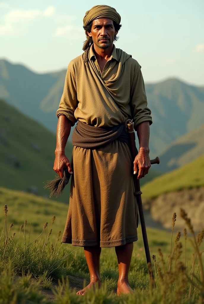 A 30-year-old Afghani man with a commanding presence, standing tall and proud against the backdrop of a rugged mountain landscape. His well-defined muscles ripple under the intense sunlight, a testament to his hardworking lifestyle and dedication to physical fitness. The man is shirtless, showcasing a chiseled torso with not a single tattoo or blemish to be seen, a stark contrast to the rough terrain surrounding him. His beard, meticulously shaved, frames a strong jawline and piercing eyes that reflect the resilience and determination characteristic of his people. The light catches the subtle sheen of sweat on his bare chest, emphasizing the contours of his physique. He stands with one hand resting on the handle of a traditional axe, symbolizing his connection to the land and the labor that has shaped him. His other hand is raised in a gentle wave, offering a warm and welcoming gesture to the viewer. The background is a blend of dusty earth and towering peaks, with a touch of vegetation struggling to survive in the arid climate. The overall composition exudes a sense of power, hospitality, and the unyielding spirit of the Afghan people.