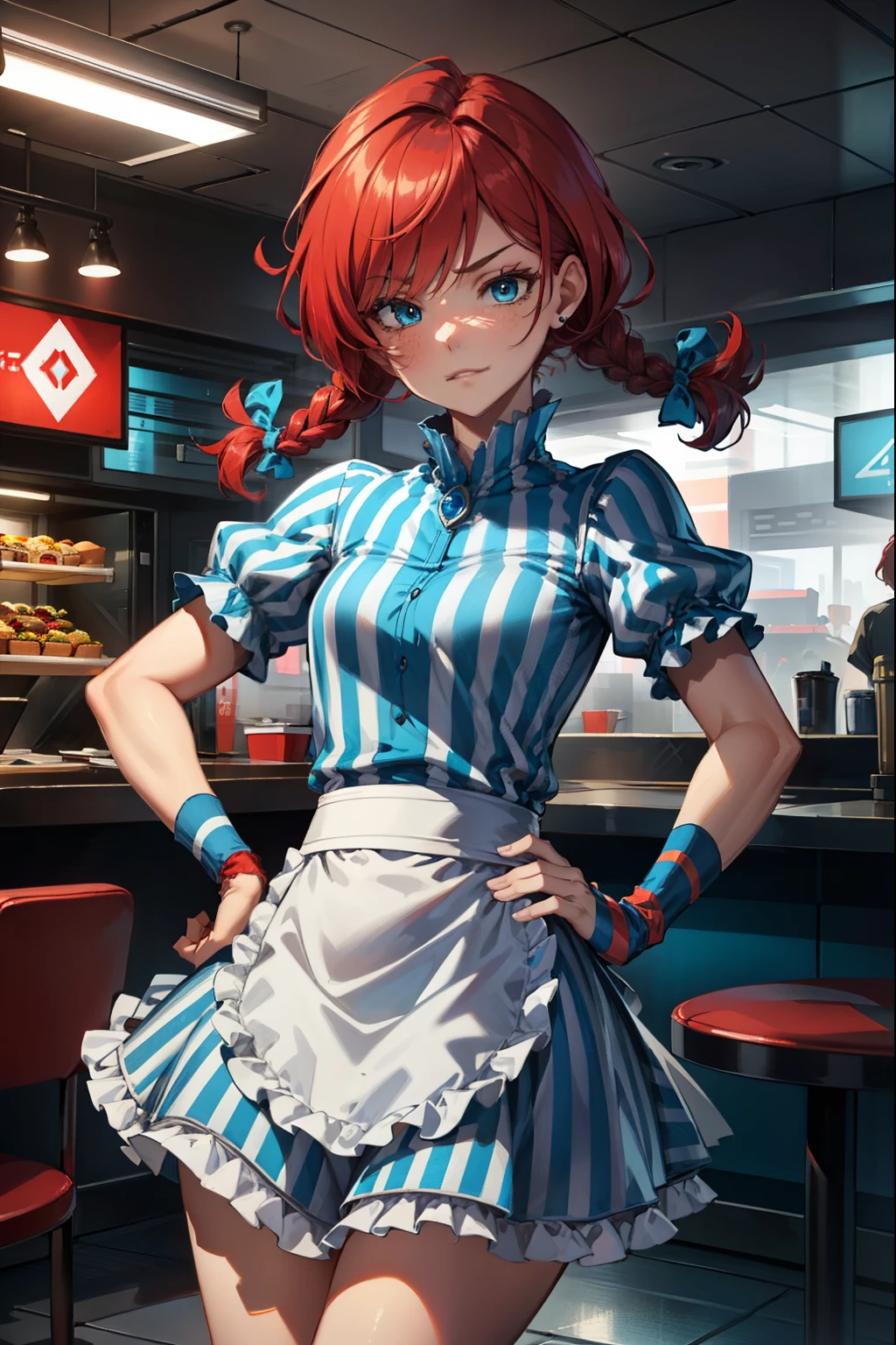 (extremely detailed CG unity 4k wallpaper),(best illustration),(best shadow),(absurdres), Fast food interior background)zzwendy, red hair, blue eyes, apron, brooch, hair bow, sidelocks, striped, ite figure, hips cocked, hand on hip, eyebrow raised, smug, Small bust size,