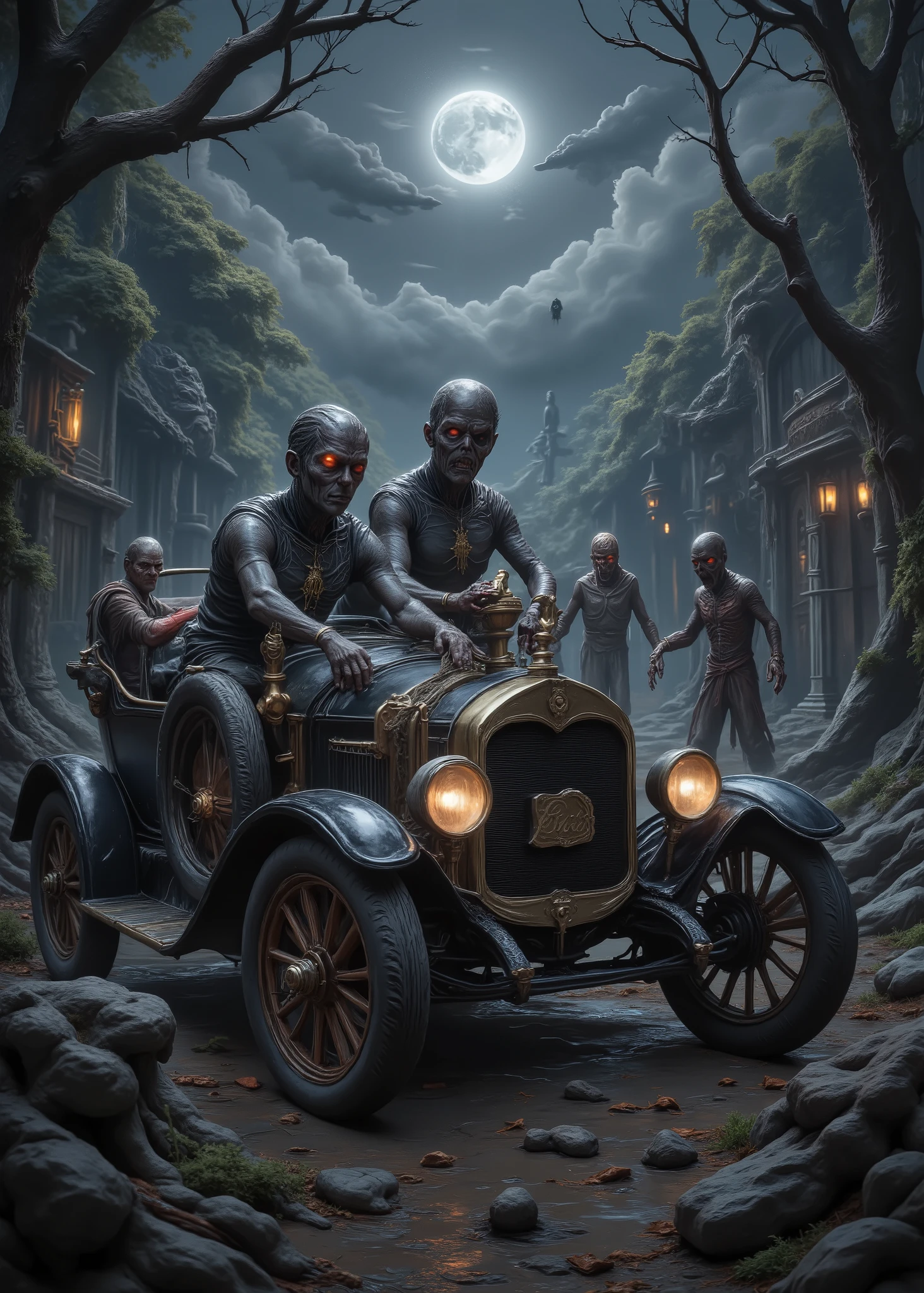 Steam cars 、old Ford type from early 1900、horror car、zombie type、in the forest graveyard、full moon night