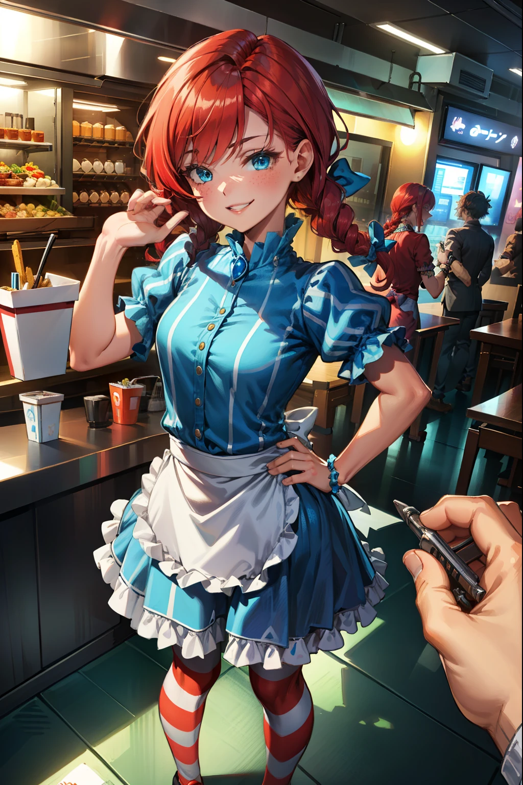 (extremely detailed CG unity 4k wallpaper),(best illustration),(best shadow),(absurdres), Fast food interior background)zzwendy, red hair, blue eyes, apron, brooch, hair bow, sidelocks, striped, petite figure, hips cocked, hand on hip, smug, happy, Small bust size, POV,