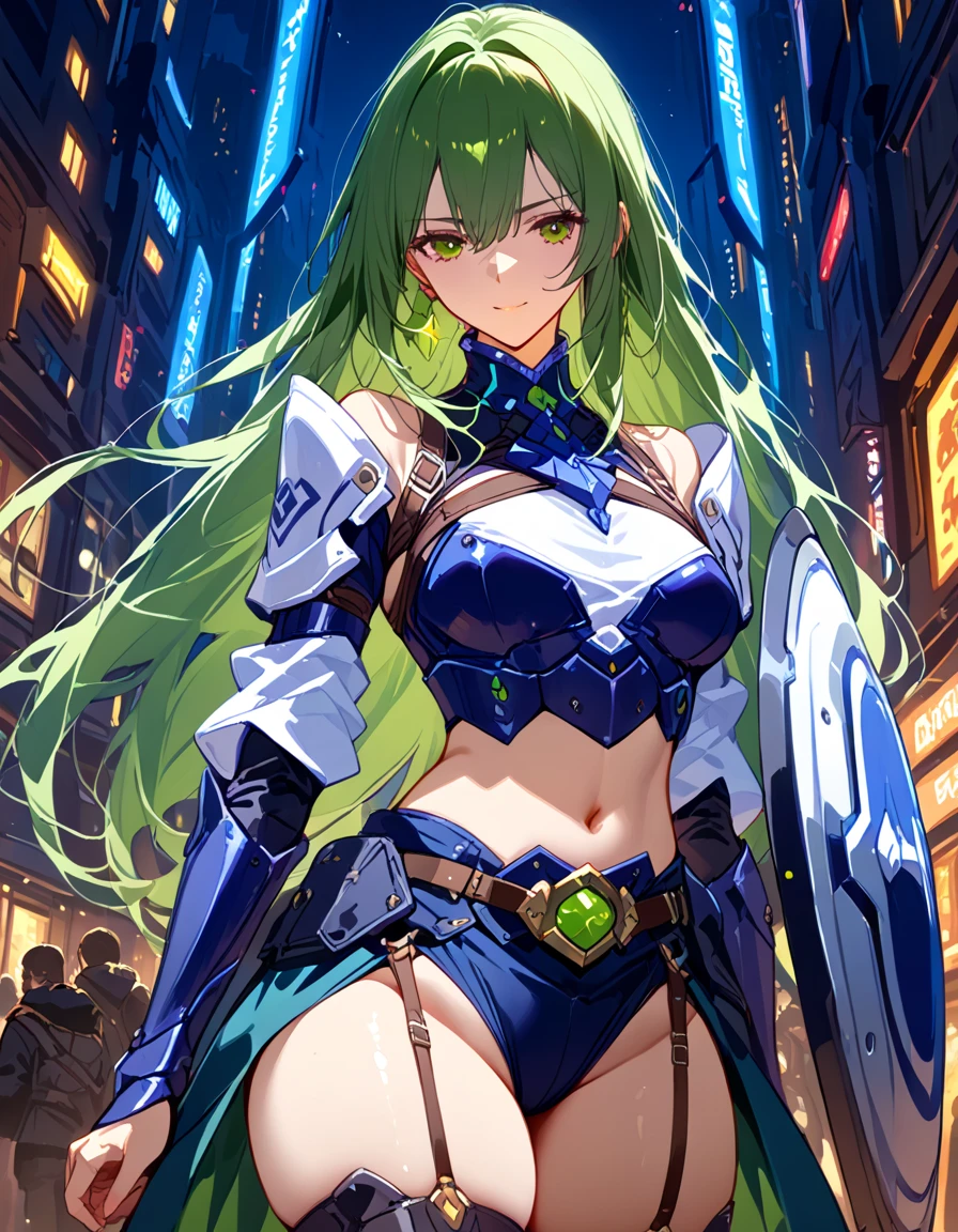 1 little cute girl, dynamic posing,light green wave hair, green eyes, (Holding a extra gigantic mechanical battle weapon:1.3), (evil smilk:1.2),serious,(small breasts:1.3), (white background:1.2), purple knight fur_cloak, (fantasy knighy armor:1.3), long skirt, light smile, green hair ornament