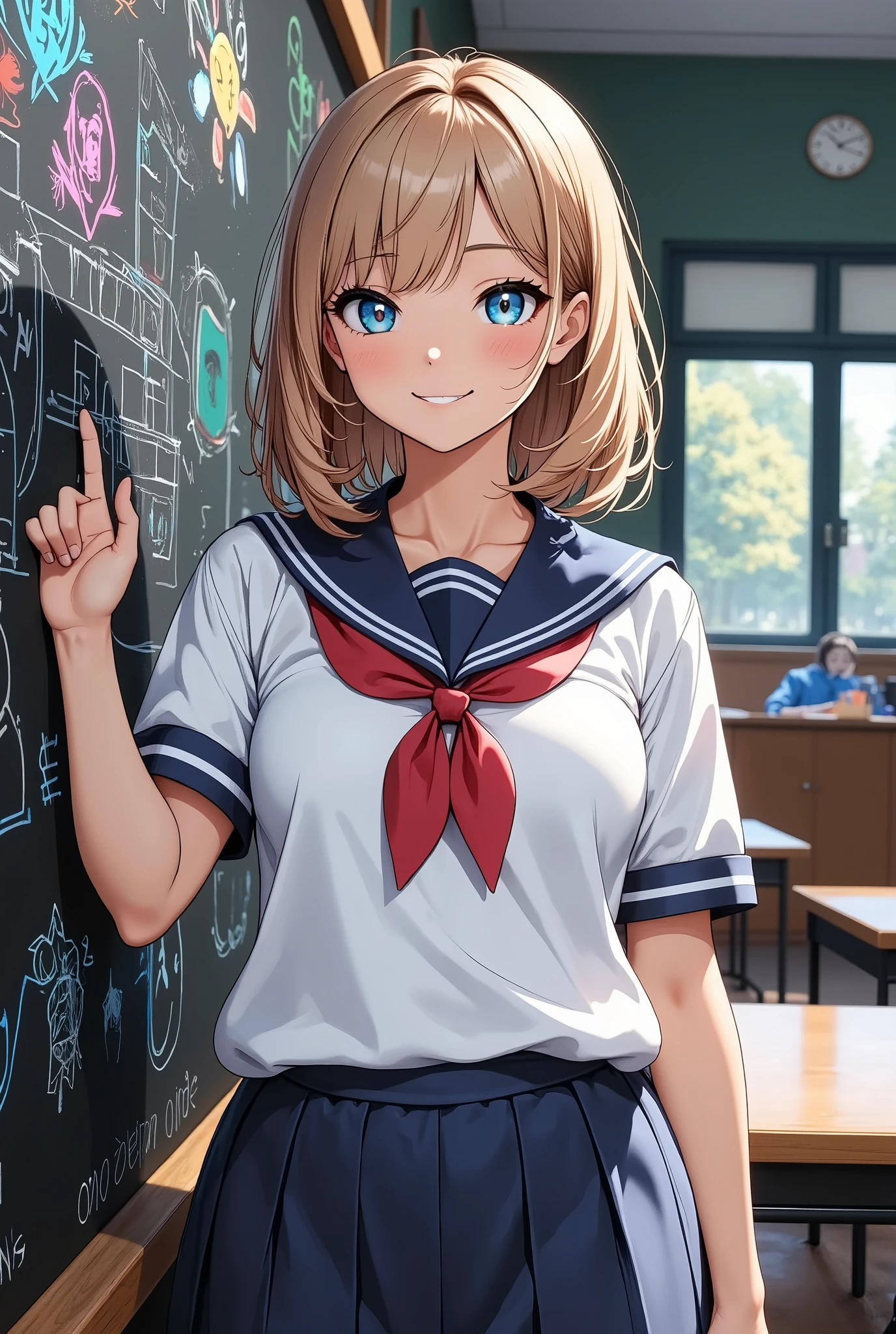1 girl, Cute school blackboard に落書き, (可愛いセーラー服のgirls, skinの質感), School Classroom, blackboard , chalk art, High Precision, 4K, 8k, Masterpiece with natural light, Extremely Detailed Depiction, realistic, Photographic, HDR, UHD, Studio Lighting, ultra-fine painting, sharp focus, physically-based rendering, extreme detail, professional, vivid colors, Bokeh, girls, upper body, standing, uniform, Emoji, smile, Line of sight, hair, skin, Decoration, background, Light, shadow, artwork, conceptual art