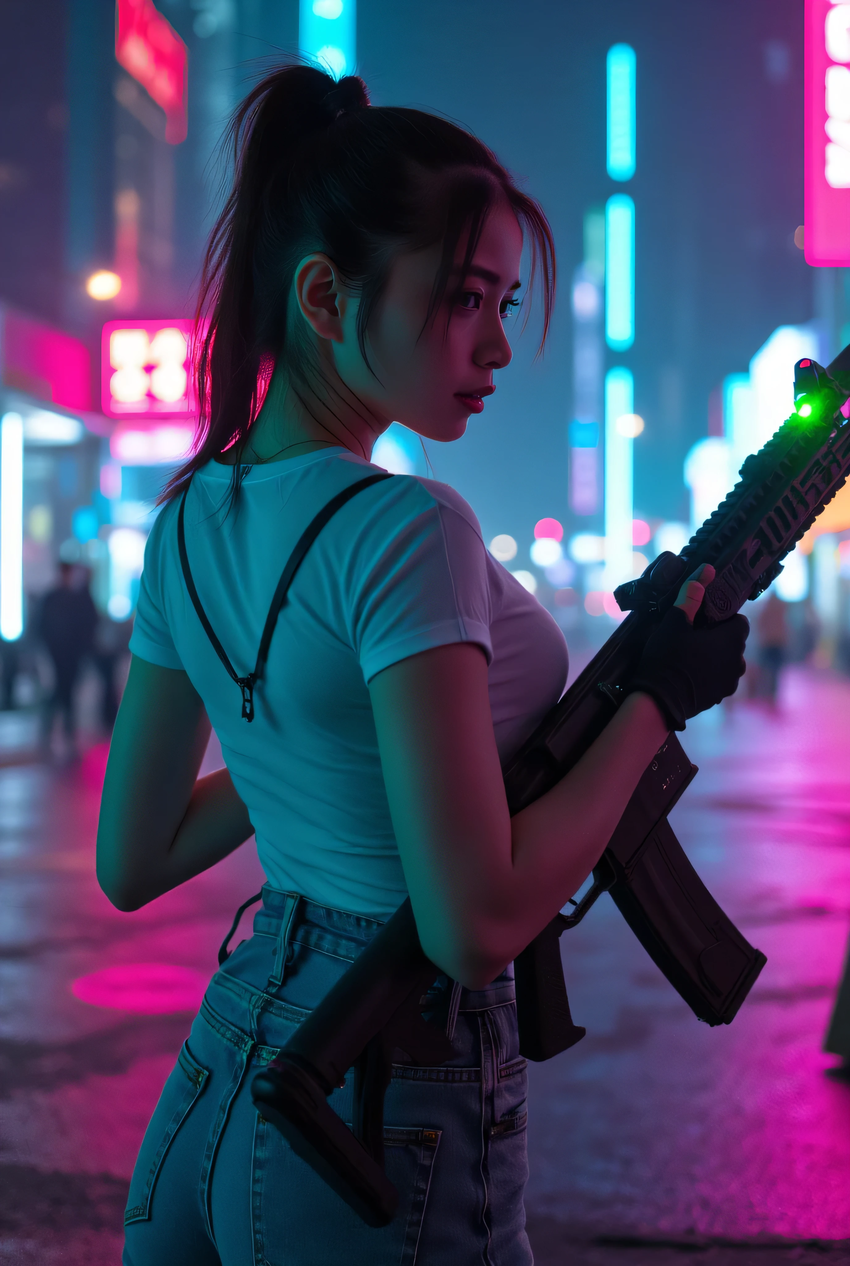 Cute woman wearing thin t-shirt and jeans holding a modern rifle in a futuristic city, pointed bust , Neoism, Nightcore, Red laser, girl, , BRIGHT GREEN LASER , Realistic bibs, of a sniper girl in war, aesthetic award winning girl, m4 sopmod ii girls frontline, Cybercore, made of crystallized synapses,Cute cgsociety, Railgun, 16-year-o SaAsukaThe bright light that shines on her,