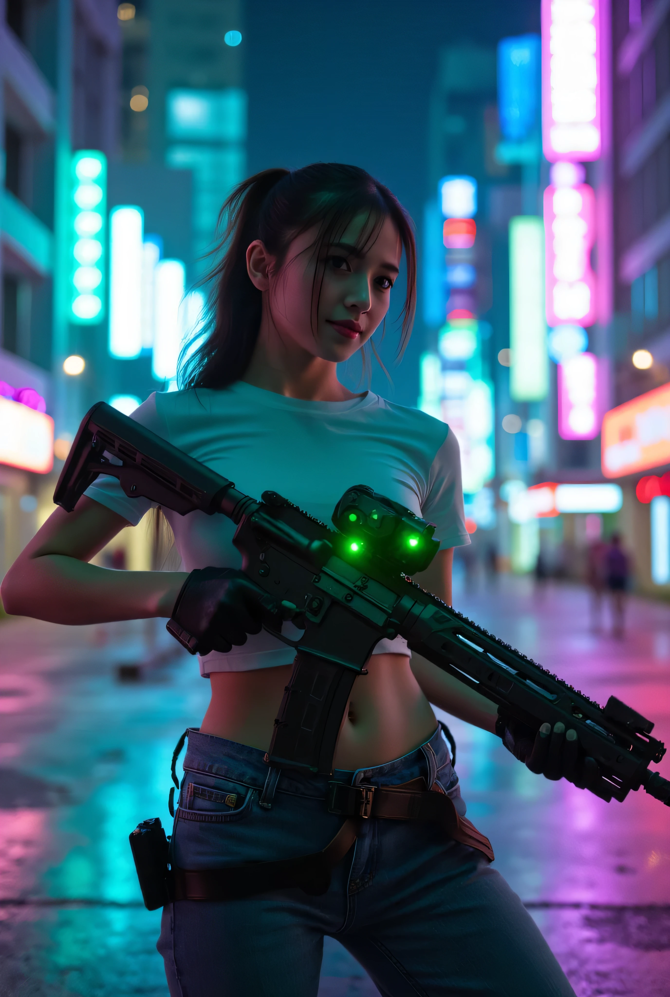 Cute woman wearing thin t-shirt and jeans holding a modern rifle in a futuristic city, pointed bust , Neoism, Nightcore, Red laser, girl, , BRIGHT GREEN LASER , Realistic bibs, of a sniper girl in war, aesthetic award winning girl, m4 sopmod ii girls frontline, Cybercore, made of crystallized synapses,Cute cgsociety, Railgun, 16-year-o SaAsukaThe bright light that shines on her,