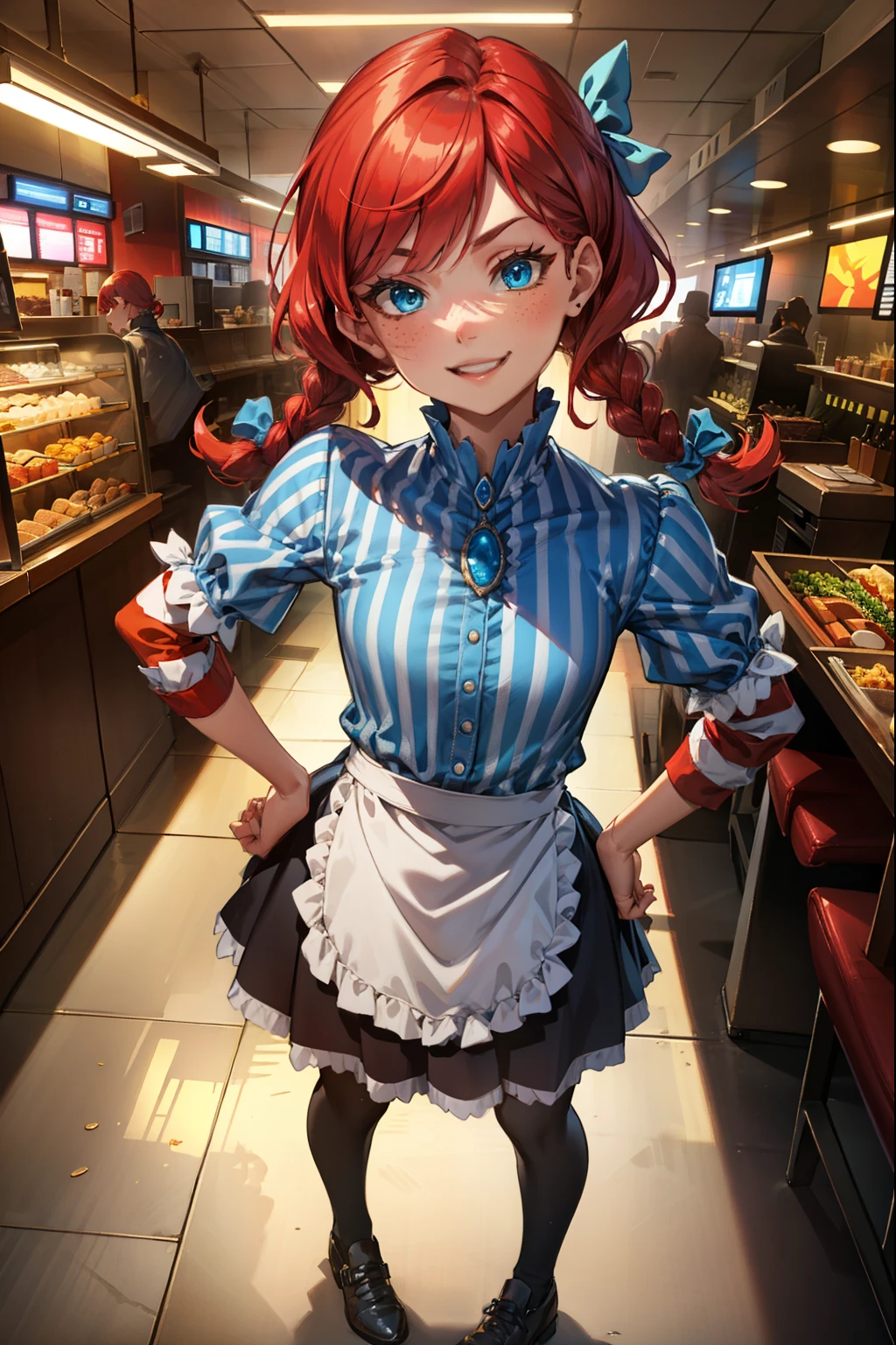 (extremely detailed CG unity 4k wallpaper),(best illustration),(best shadow),(absurdres), Fast food interior background)zzwendy, red hair, blue eyes, apron, brooch, hair bow, sidelocks, striped, petite figure, hips cocked, hand on hip, smug, happy, Small bust size, POV,