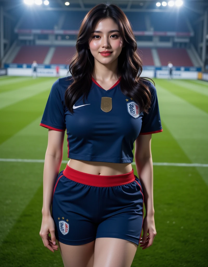(Photogenic, Various poses, best quality, Masterpiece: 1.5), soccer, soccer ground, soccer ball, voluptuous body, beautiful face, 3D, Japanese, soccer uniform, blue hair, beautiful face, shining thighs, pure white skin, Japan, high school girl, real