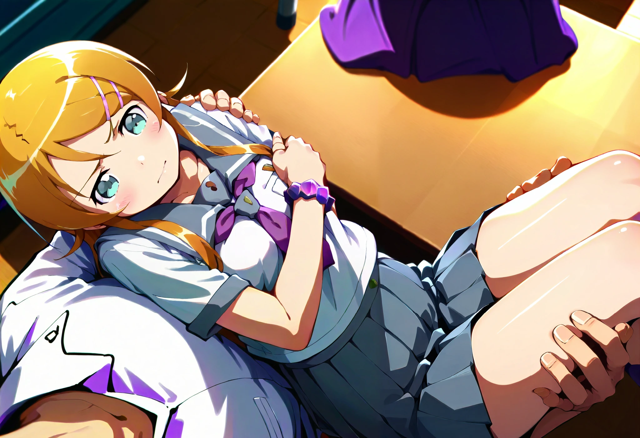 kousaka kirino,long hair, hairclip, school uniform, grey sailor collar, purple neckerchief, white shirt, short sleeves, pleated skirt, grey skirt,throw、p0vpr1nc4rry、Princess carry pose、 carrying people 、from above、from side、Lie on your arms、