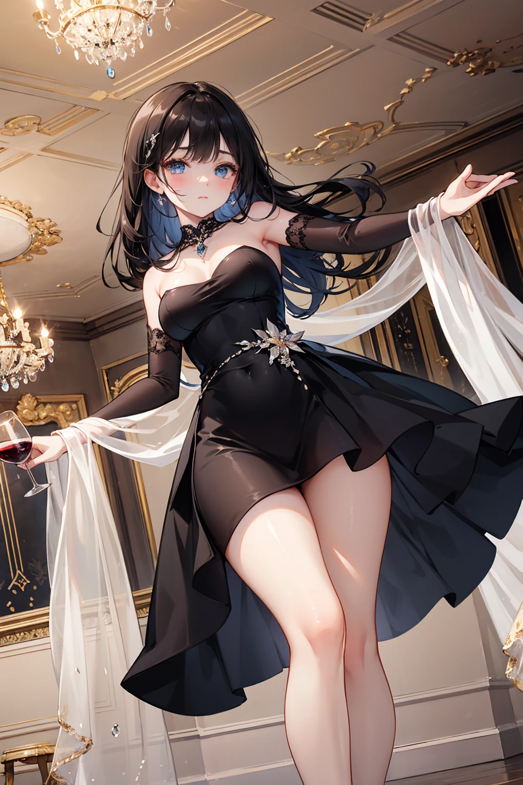 (masterpiece)、(best quality)、(Very detailed)、(Best Anatomy)Blue skirt girl、 Black hair、 Shoulders exposed、Beautiful breasts、Dreamy starry sky,Dreamy bright full moon,Full body picture 3D,Front view,Perfect long legs