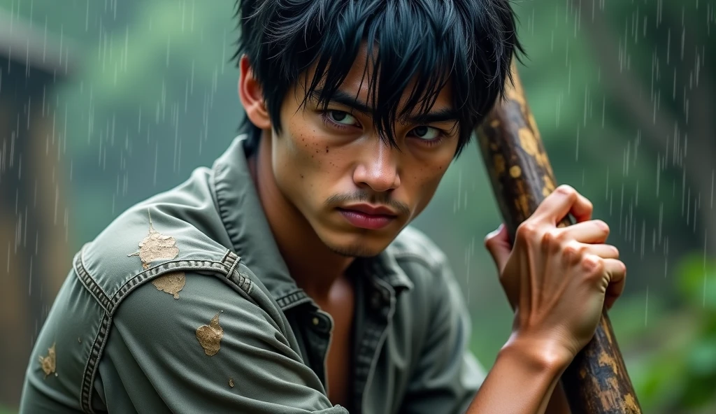 masterpiece, Highest quality, Realistic, Cinematic, Detailed face, 8k, Ultra-high resolution, シャープなフォーカスmovieのような写真 , Highest quality, Super detailed, 8k, mysterious, Messy green hair, 35mm photo, movie, Bokeh, Professional, 4K, Very detailed、male、Topless,Very ugly、dirty肌,movieのような雰囲気、Big black pants,The green hair is messy,、Has two sickles、Very dirty、The background is an abandoned old Japanese town.、Japanese、Surprisingly skinny,There are many warts on the face、Skin and bones,Big black pants,There are many warts on the face、Morbid thinness、Has two sickles、Very scary、不気味なmale、The eyes are small and droopy,The nose is very low and flat,Mouth open,Shark-like teeth,Pure white, bloodless skin,Horror、Scary、Full of warts,It stinks、dirty、Mouth closed to ears、Shark-like teeth