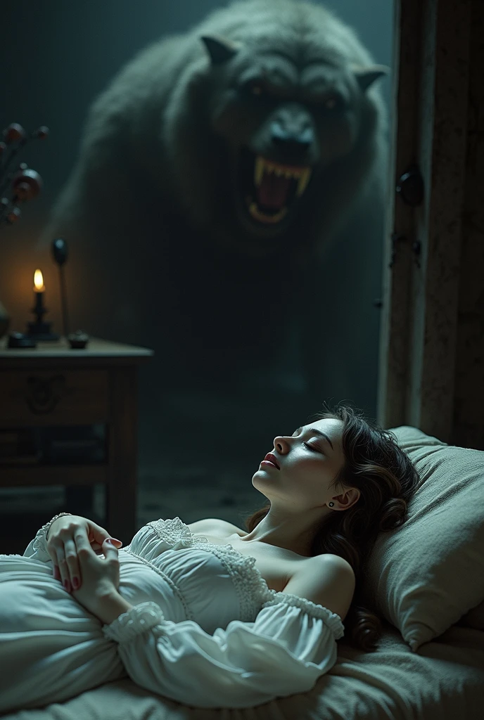 (photorealism:1.2), beautiful woman, sitting on bed, wearing loose off-shoulder top, pajama pants, long messy hair, indoors, soft lighting, monster in background, window with sunlight, cozy room, relaxed pose, realistic, intricate details, warm colors, by Greg Rutkowski, by Alphonse Mucha