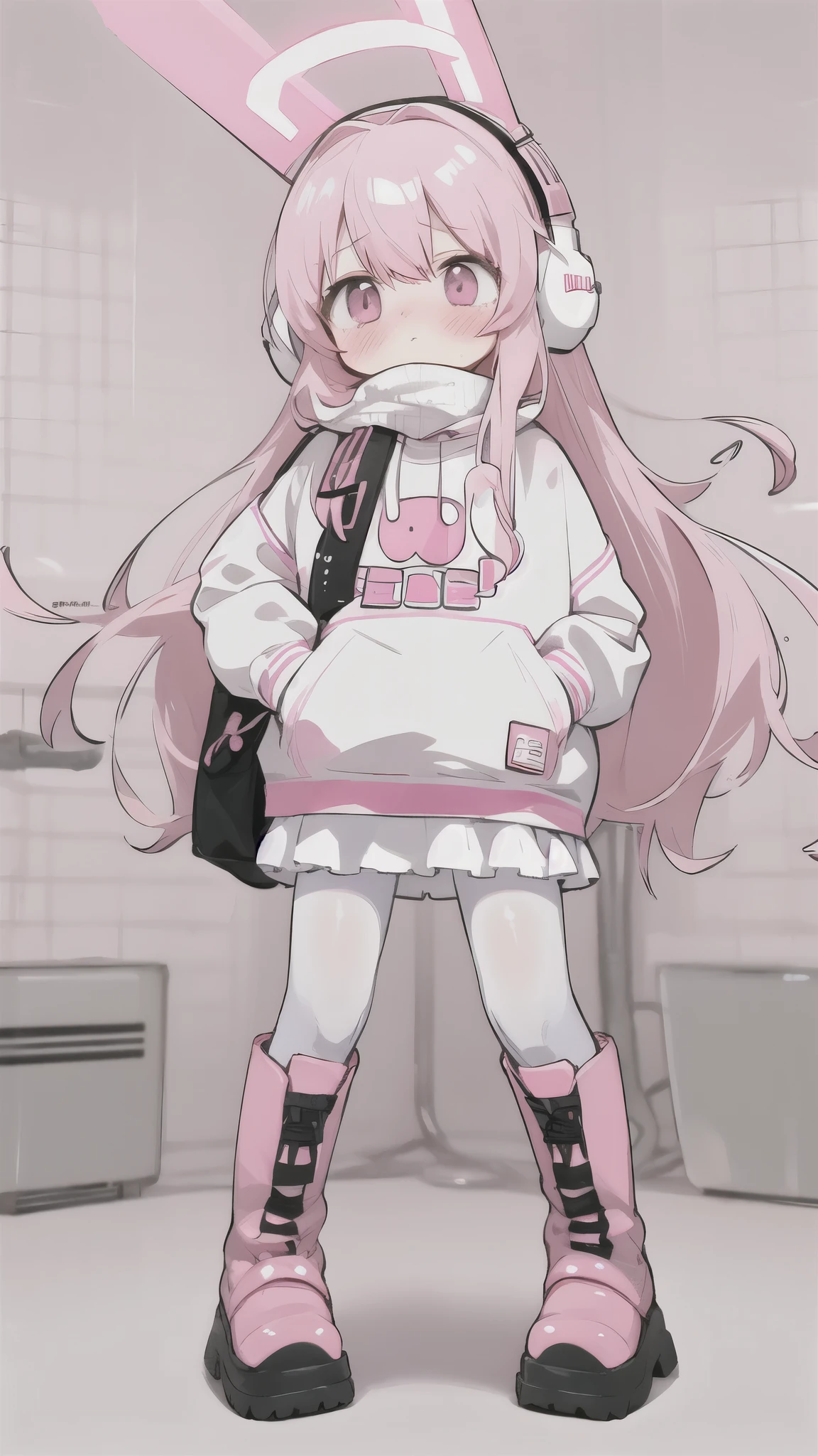 1girl, smile, kneehighs, puffy, sexy, cute, kawaii, small AND wide hips, fluffy, tee, standing, fluffy jacket, sheep ears, full body