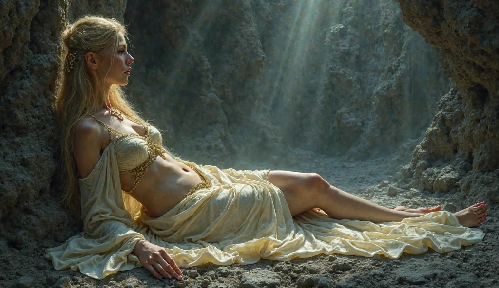 on the beach, many small full body, naked, naked woman lie on ground, small man riding white horse white looking back, white feather cloak, shield, bow, sword, female greek god, white hair, masculine, mature, naked, hairy torso, fantasy, intricate, elegant, highly detailed, digital painting, artstation, concept art, smooth, sharp focus, illustration, art by gaston bussiere and alphonse mucha, almost naked