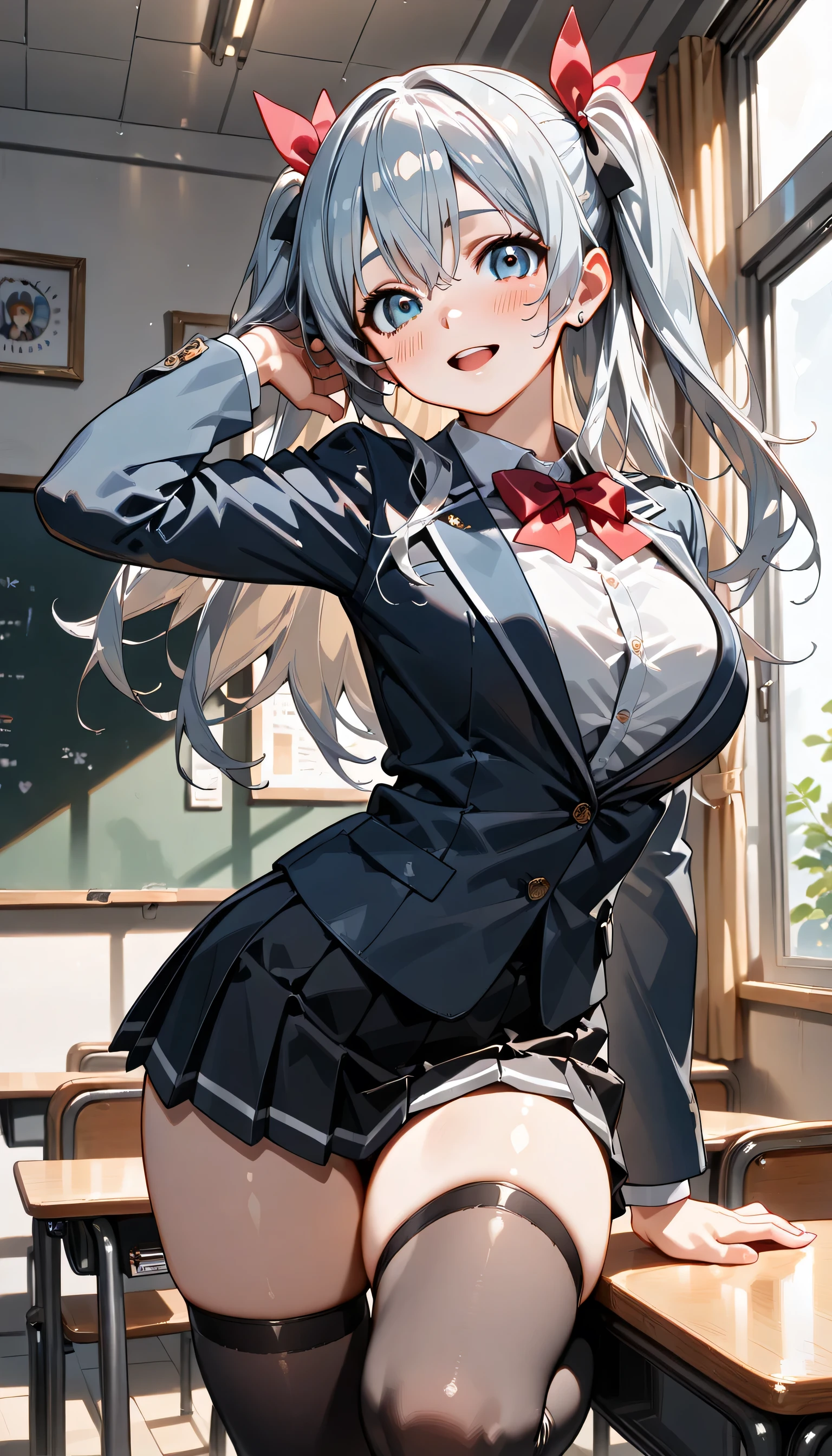Large Breasts, Twin tails, Silver Hair, Stick out your tongue while blushing、high school girl、In uniform、The cleavage is visible