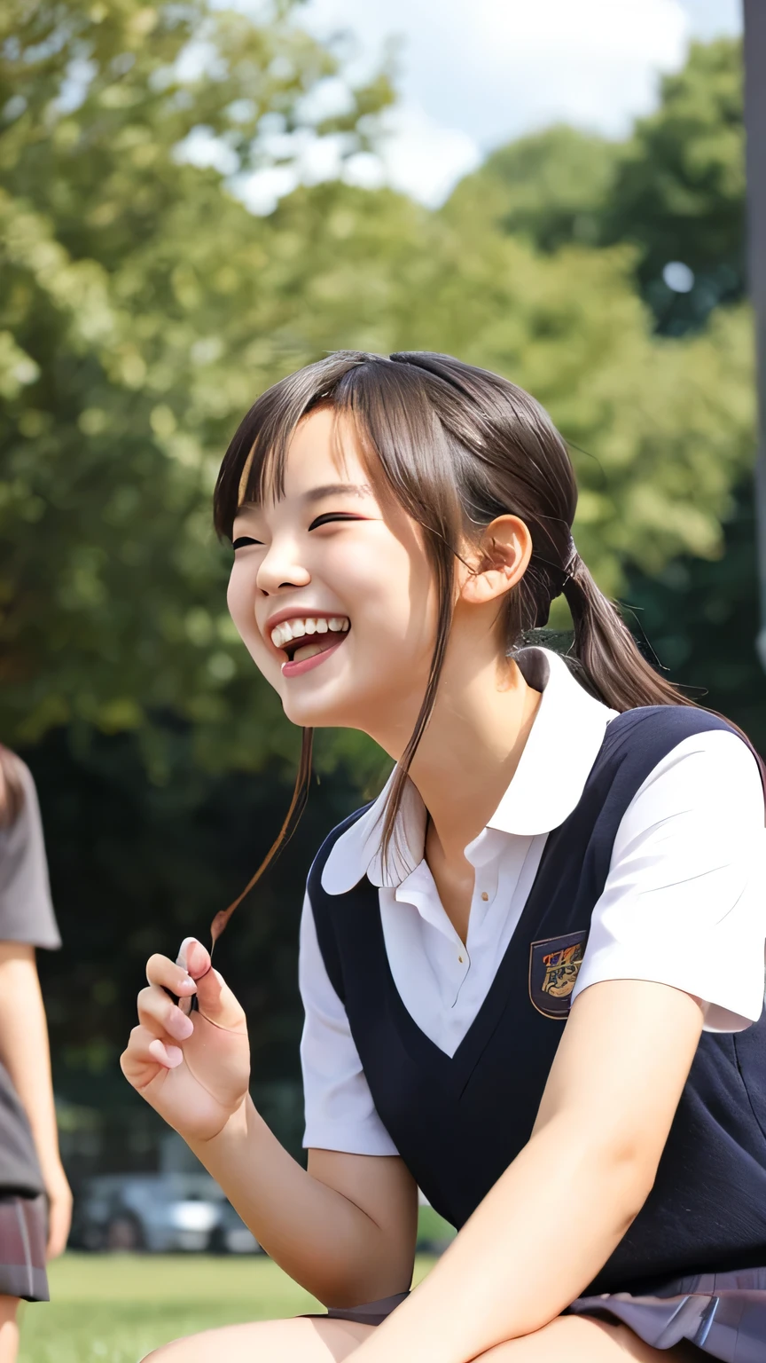 A cheerful high school girl in a school uniform, laughing joyfully with her friends under the bright sunlight. They are sitting on a grassy field, reminiscing about their fun memories. The atmosphere is warm and nostalgic, with a golden glow from the afternoon sun. The girl’s smile is pure and filled with happiness, and the wind gently blows through her hair. A dreamy, soft-focus effect enhances the sense of treasured memories. The background features a blue sky with fluffy white clouds.