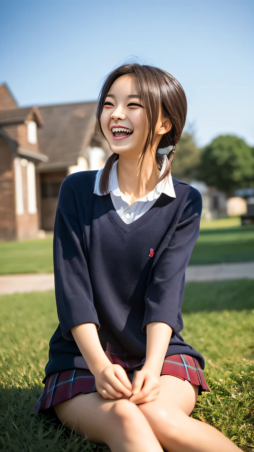 A cheerful high school girl in a school uniform, laughing joyfully with her friends under the bright sunlight. They are sitting on a grassy field, reminiscing about their fun memories. The atmosphere is warm and nostalgic, with a golden glow from the afternoon sun. The girl’s smile is pure and filled with happiness, and the wind gently blows through her hair. A dreamy, soft-focus effect enhances the sense of treasured memories. The background features a blue sky with fluffy white clouds.