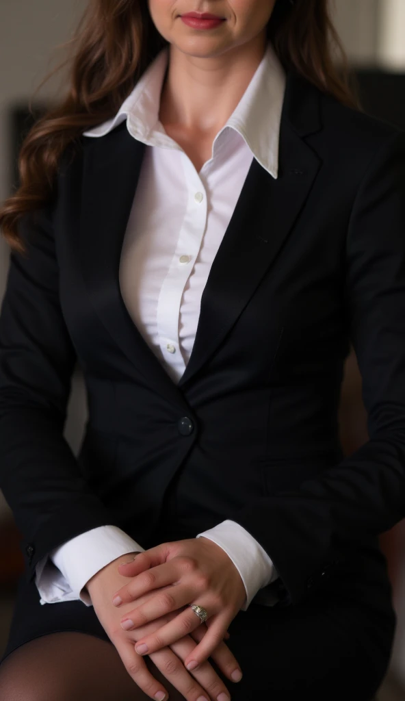 A realistic photo of beautiful italian business woman with professionnal black skirt suit, light makeup, long straight dark blonde hair, high quality, very detailed, perfect fit, looking at the camera, big 