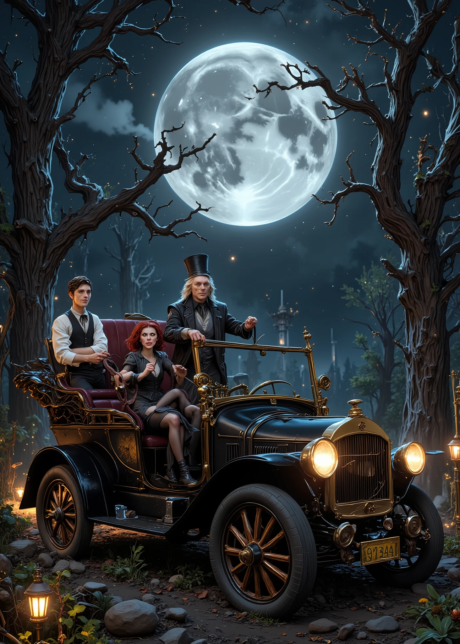 Tim Burton movie 、Steam car with Jack and Sally、old Ford type from early 1900、horror car、Graveyard in the woods、 dead trees、full moon night