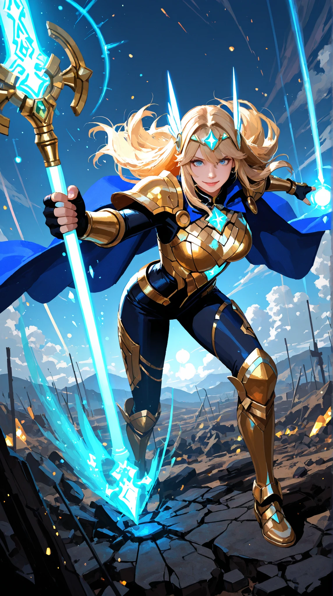A determined and ambitious warrior with long blonde hair and blue eyes, wearing futuristic armor, super strong, muscular, who fights to become the strongest.