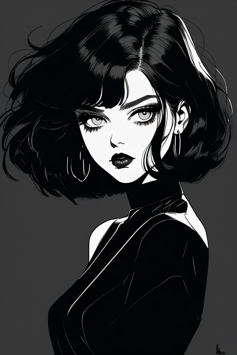 (best quality, sketch:1.2),realistic,illustrator,anime,1 girl, detailed lips, black dress,custom, (background dark monochrome), dark hair,textured cropping, masterpiece, style retro classic, noir dark, art, sketch book, (bob hair black:1.75 neon:1.32), bad women , dark shadows