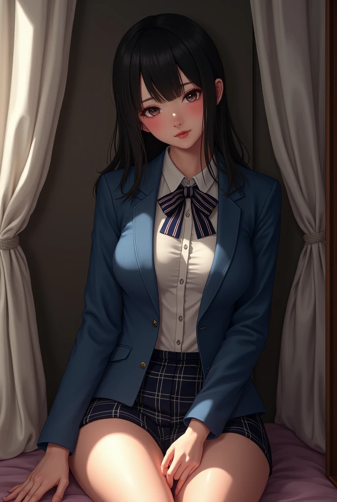(Excellence in masterpieces, Best Quality: 1.2), Solo, 1 girl,A dark-haired、 Serious, Mouth closed, Looking at Viewer, hand on face, Sitting, legs crossed, Collared shirt, tie up, Skirt, Stockings , Big thighs, Big breasts)