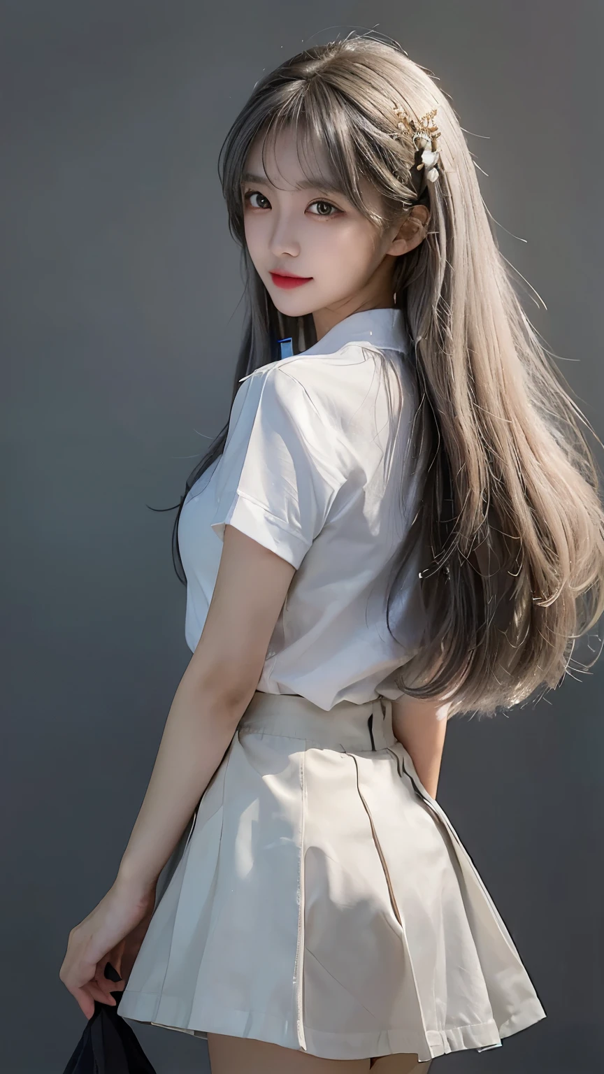 ((masterpiece, highest quality)), (One girl), (alone), (Focus on women), (Ahoge, Gray Hair, Very long hair), Golden Eyes, A light smile, Open your mouth, ((White shirt), (Buttoned shirt), (Button gap)), ((Black Skirt), (Short skirt)), Are standing, White Background, Put your arms behind your back, Dynamic Angle,