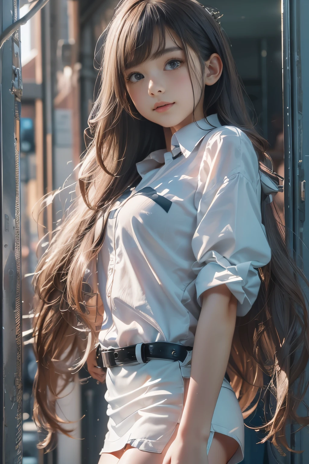 (Extreme Detail CG Unity 8K wallpaper, masterpiece, highest quality), (exquisite light and shadow, highly dramatic image, cinematic lens effect), a 20-year-old girl, beautiful, thin figure, long hair, wearing a sexy shirt, thin abdomen, sexy short skirt, blue and white, full-body fugura