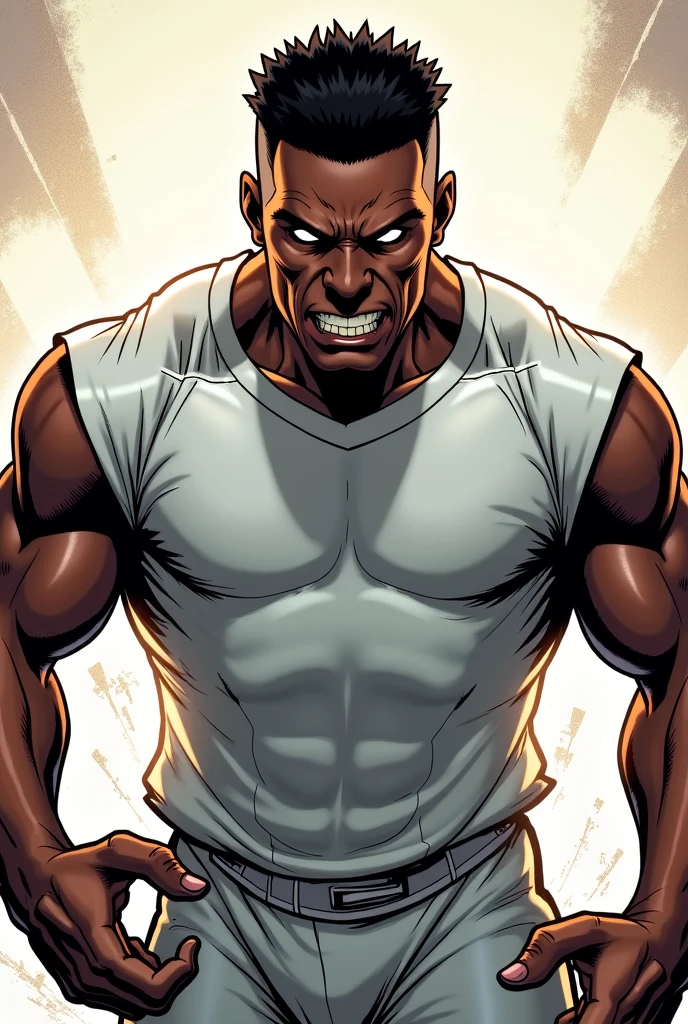 A Big black men half naked, with a muscular body telling "your mine, little bad boy" during chewing his lips, the text is in a bubble like comics