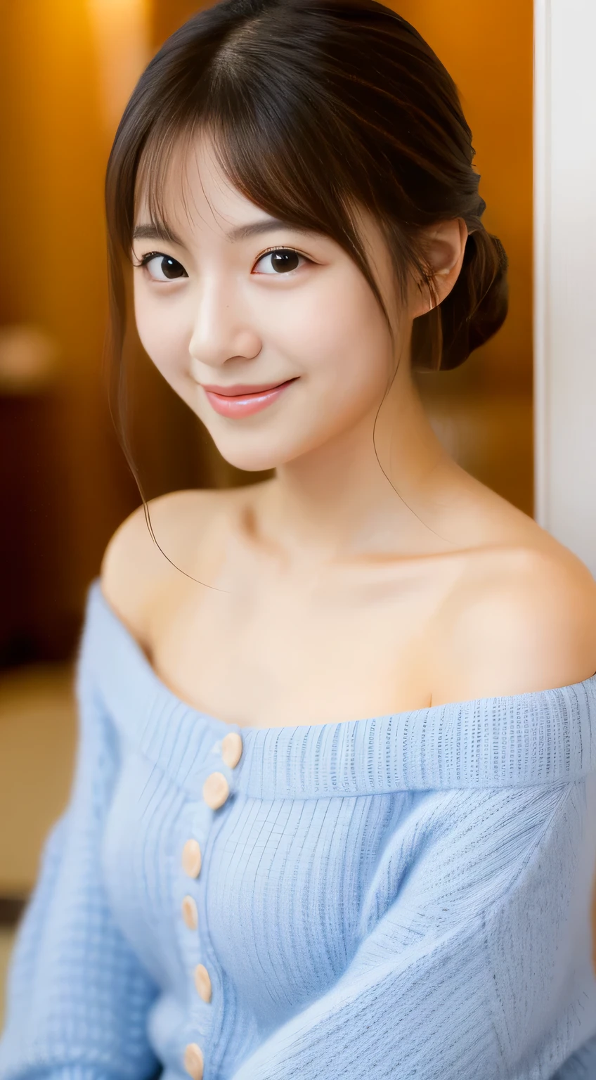 masterpiece,best quality,(Japanese girl),((Beautiful girl)),cleavage,(off shoulder:1.2),(perfect body beauty:1.2),(shy smile),from above