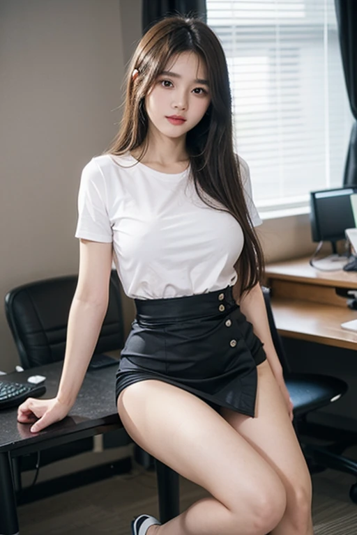 Place your arms behind your back、(Remote Play), OL、((Secretary uniform)),White collared shirt、Black tight mini skirt、office lady、Inside the company、 (close your eyes, Open your mouth, Slouching posture), 1 female, alone, 19 years old, Place your arms behind your back、 Ideal body type, Erect nipples, Sexy Body, Black-haired, , thin, Large Breasts, Beautiful legs, thin脚, Surrealism, Cinema Lighting, Written boundary depth, First Person View, debt/1.8, 135mm, んdebtdebt, Tabletop, Accurate, Anatomically correct, Textured skin, Super Detail, Attention to detail, high quality, Awards, 最high quality, High resolution, 8k
