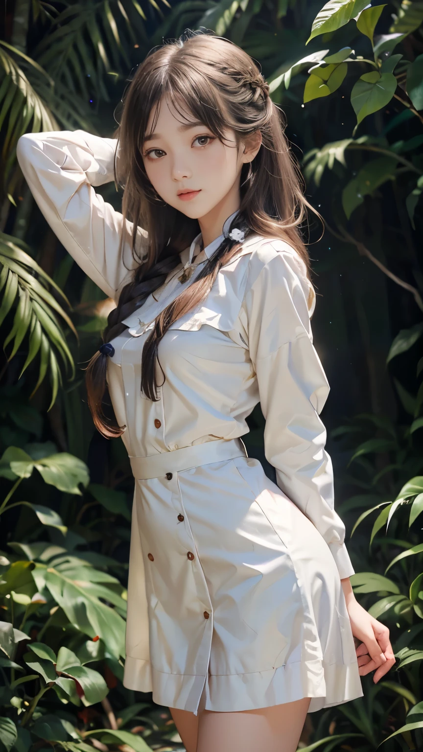 ulzzang-6500-v1.1, (RAW photo: 1.2), (Real photo), (Real photo: 1.4), 1 girl、Perfect anatomy、19 years old、Looking at the camera、Medium length hair、side braid, short white uniform dress, at night, under the starry night sky, ((in the jungle: 1.1))、(Business service)、Asian eyes Ella,