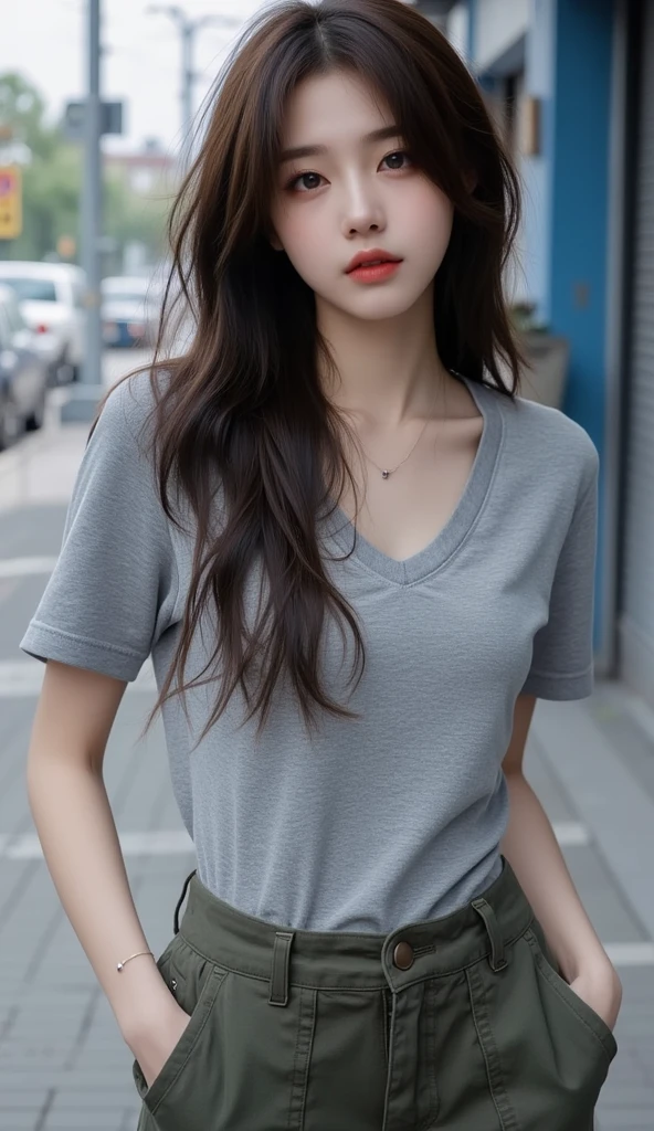 masterpiece, top-quality, 1 beautiful girl, a white cap, (Detailed beautiful eyes), ((Detailed skin)) , ((Detailed medium dark blue hair)), A beautiful girl colorful tank top t-shirt and big ripped jeans oversize, colorfull, RAW photos, Camera angle behind, CG rendering, Blurred background, deep shadow, 16K, bokered, Very detailed, wallpaper, depth of field, movie light,, Ray tracing.