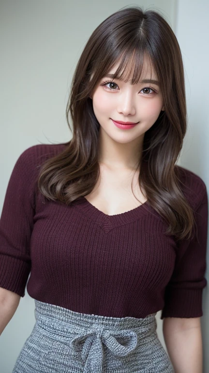 (8k、RAW Photos、highest quality、masterpiece:1.2)、(Realistic、Photorealistic:1.37)、Very detailed、Ultra-high resolution、1 girl、Seeing the viewer、Beautiful and elaborate face、Laughter、narrow、(Slim waist) :1.3)、Shortcuts、Beautiful, smooth skin、huge breasts of beautiful shape、Skin Texture、Floating Hair、Professional Lighting、The whole human body、Brown Hair、whole body、Off-the-shoulder knit dress