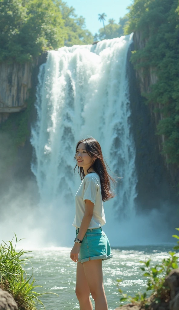 A realistic image, Clear face, A young Japanese woman was posing for photograph. The background is a waterfall. white T-shirts and dark shorts, cinematic film effect, film effect, random aesthetic angles, water effect, fantastical perspective, UHD, insane detail, 12k, Closed up 